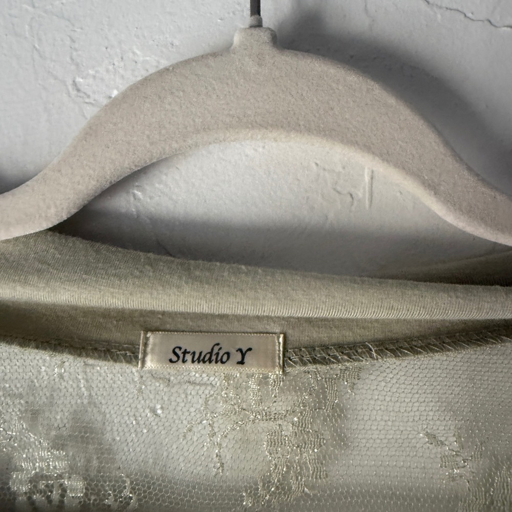 Studio Y Y2k Sage‎ Green Lace Top Sheer V Neck Short Sleeve Tunic Blouse Fairy - Picture 4 of 7